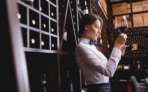 Sommelier donna in enoteca esamina un calice di vino