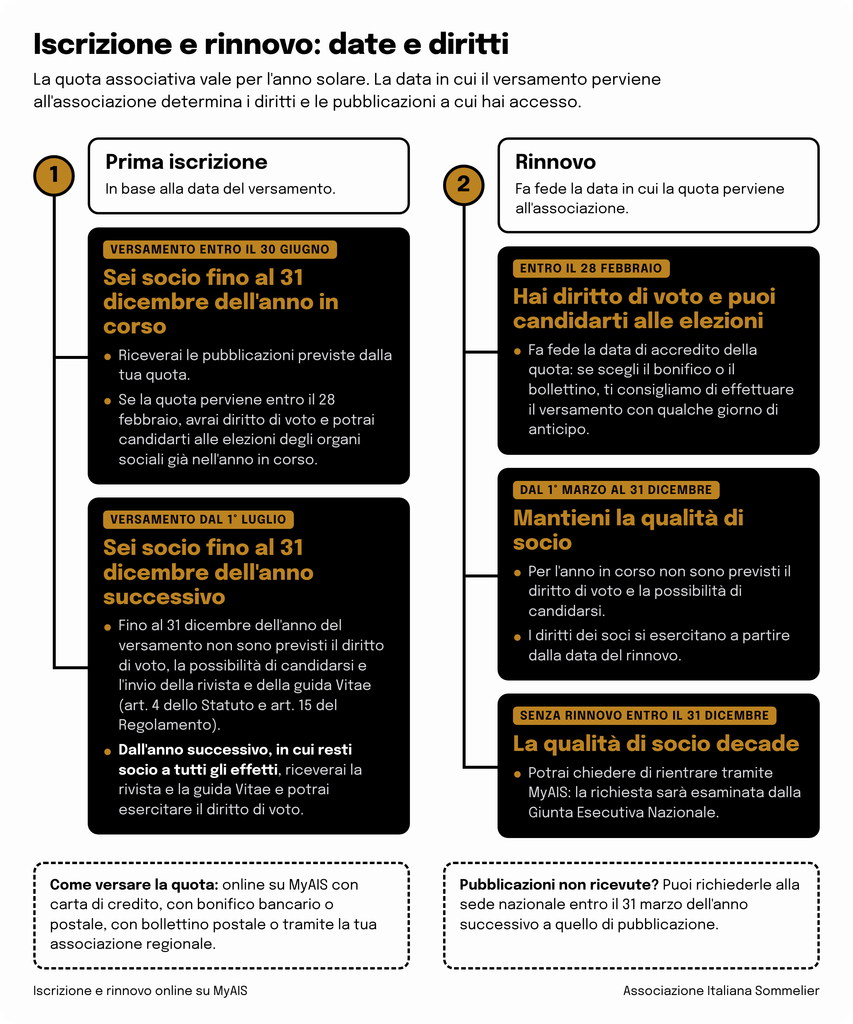 Schema su iscrizione e rinnovo AIS: la prima iscrizione versata dal 1° luglio vale fino al 31 dicembre dell'anno successivo; chi rinnova entro il 28 febbraio ha diritto di voto; senza rinnovo entro il 31 dicembre la qualità di socio decade. I dettagli sono nel testo.