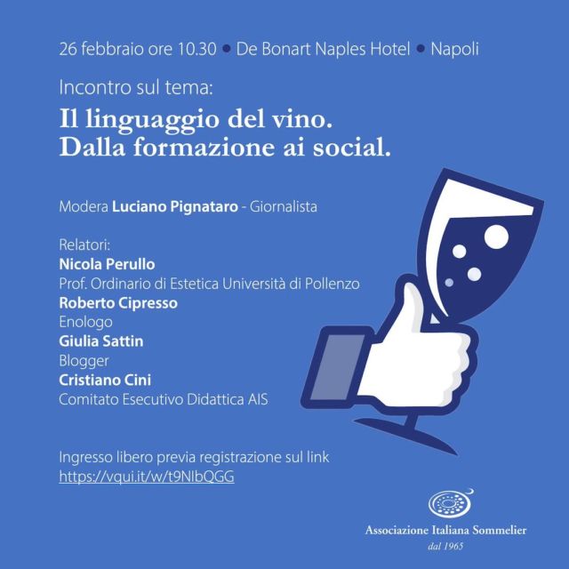 Volete saperne di più sui segreti della comunicazione del #vino? #aisitalia vi invita a #Napoli, il 26 febbraio, per un evento unico: "Il linguaggio del vino. Dalla formazione ai social", un'occasione imperdibile per capire come raccontare il vino in modo efficace.

Dalle 11.00, sotto la guida esperta di Luciano Pignataro, esploreremo le mille sfaccettature del linguaggio del vino insieme a:

Nicola Perullo @haptic_seeing , docente di Estetica all'Università di Pollenzo, ci aiuterà a capire come il vino può essere un'esperienza filosofica, un modo per "imparare a imparare" attraverso la relazione con il calice e con gli altri.

Roberto Cipresso @rcipresso, enologo di fama mondiale, condividerà con noi i segreti per riconoscere le peculiarità di un vino, dalla sua origine al suo affinamento, per imparare a "leggere" l'etichetta e il calice con occhi nuovi.

@giulia_sattin, blogger e voce fresca del web, ci darà consigli pratici su come comunicare il vino sui social, dal linguaggio più adatto alle foto e ai video più efficaci, trasformando la nostra passione in una community di "wine lovers".

@cinicristiano, presidente di @aistoscana_official, esperto didatta, ci svelerà i trucchi per decifrare le "parole del vino", dal gergo tecnico ai termini più evocativi.

Il tutto si concluderà con un grande banco di degustazione!

Prenota subito il tuo posto! [Link in bio]

#linguaggiodelvino #AIS #vino #degustazione #formazione #socialmedia #eventovino #winelover #enologia
